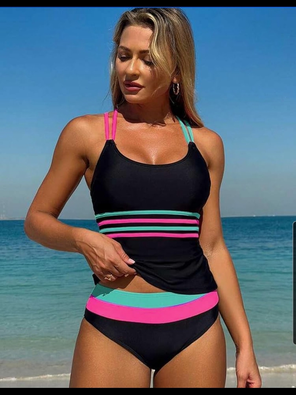 Black Tankini with Pink and Blue Stripes - Size Large